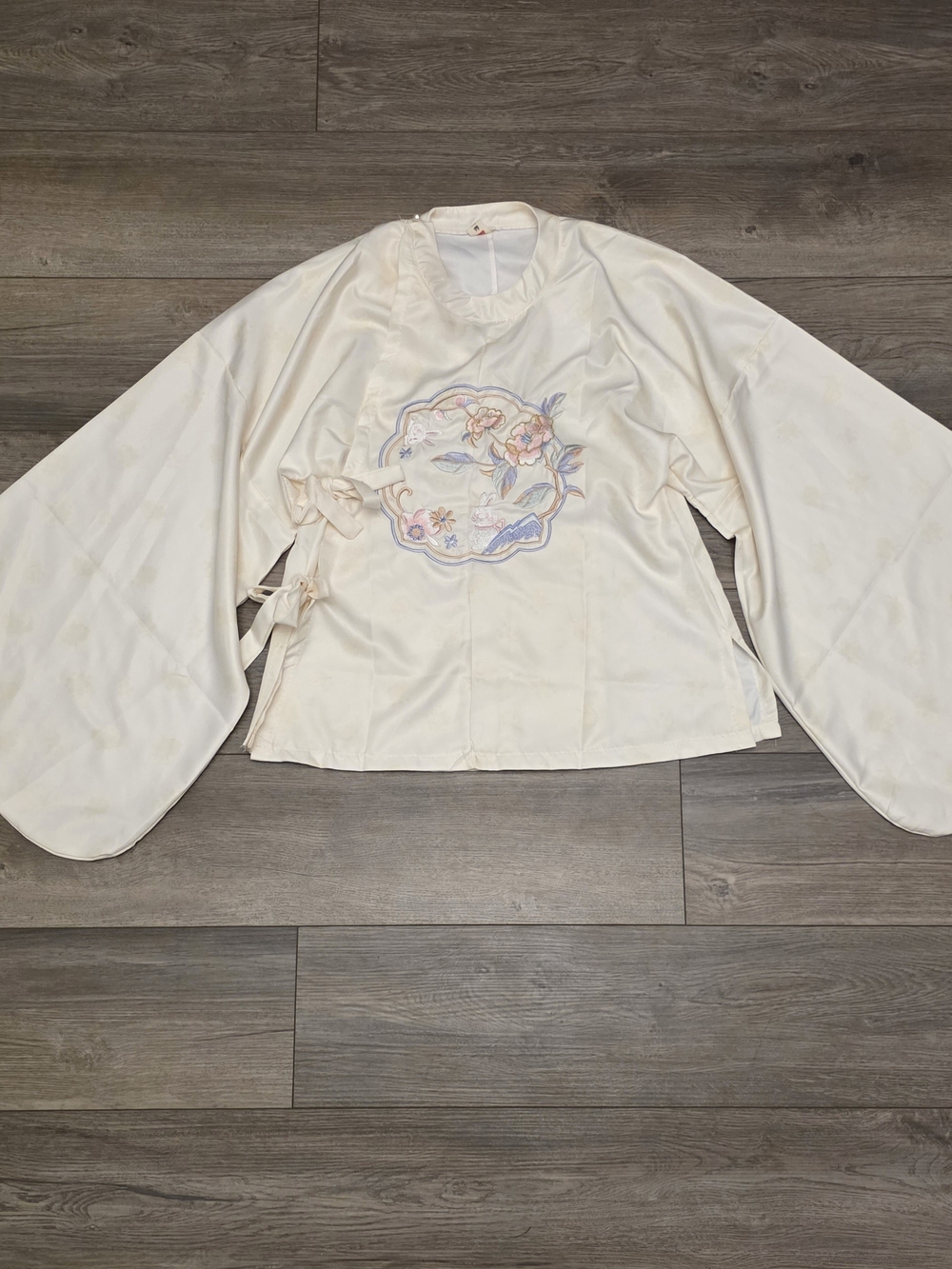 Cream Floral Embroidered Wrap Tunic Top